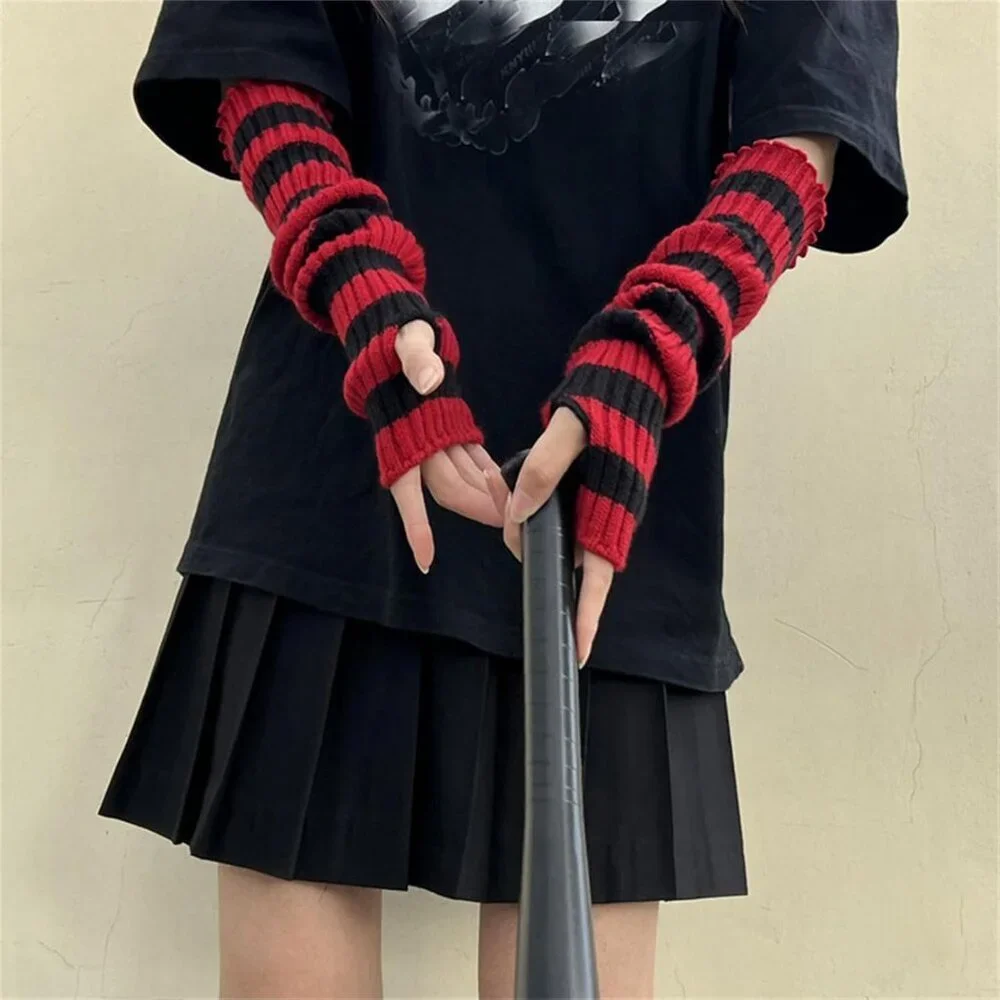 Goth Arm Warmers Y2K Arm Sleeves Fingerless Gloves for Women Black Red